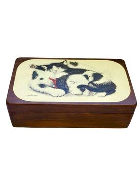 Vintage Handmade Wooden 2- Compartment Trinket/Jewelry Box  w/ Cuddly Fur-Babies